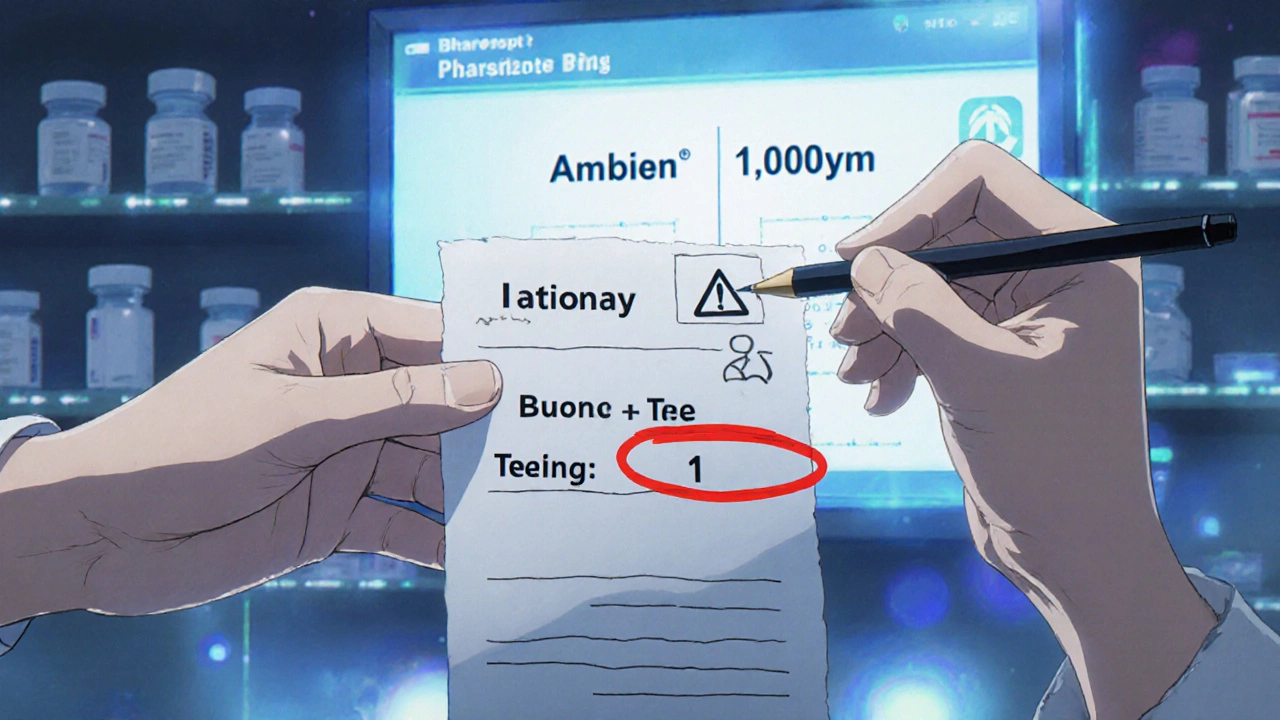 Close-up of a pharmacist correcting a dosage misinterpretation on a prescription label with clear annotations.