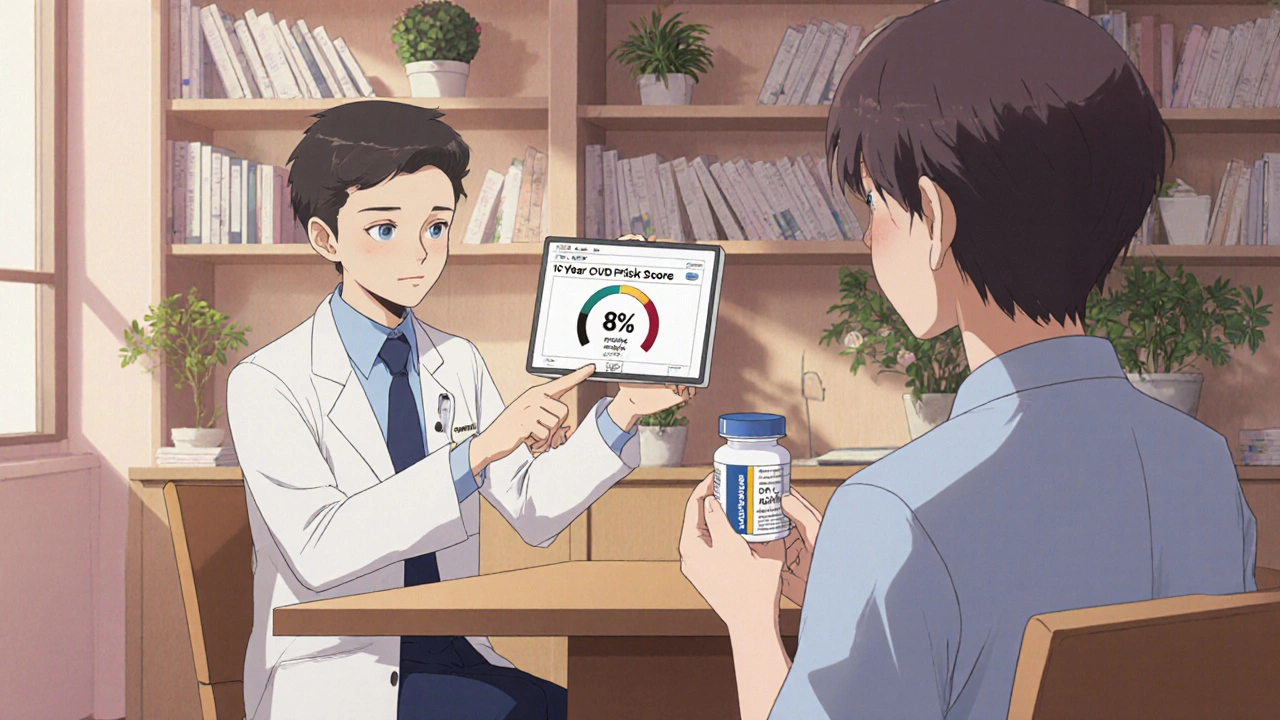 Doctor and patient discussing cardiovascular risk score in a calm clinic setting.