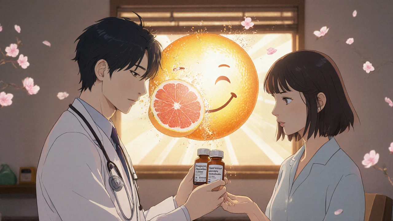 Doctor handing safe rosuvastatin to patient, grapefruit dissolving into dust as sunlight enters the room.