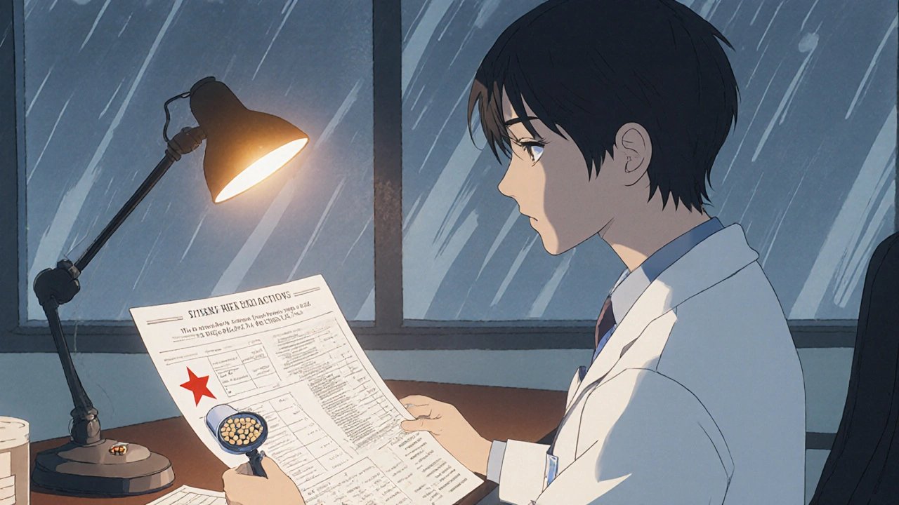 Doctor reviewing patient charts with a highlighted adverse reaction linked to a foreign-made generic drug.