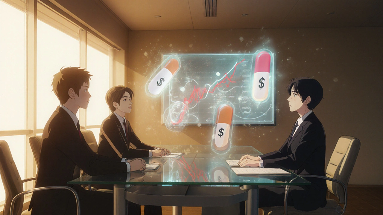 Executives in a boardroom watching holographic profit charts of generic drugs.