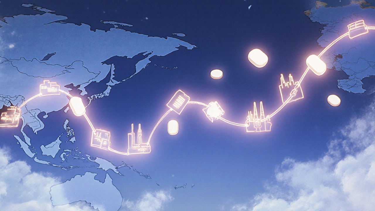 Global supply chain of generic medications visualized as a fragile glowing thread with one section fraying.