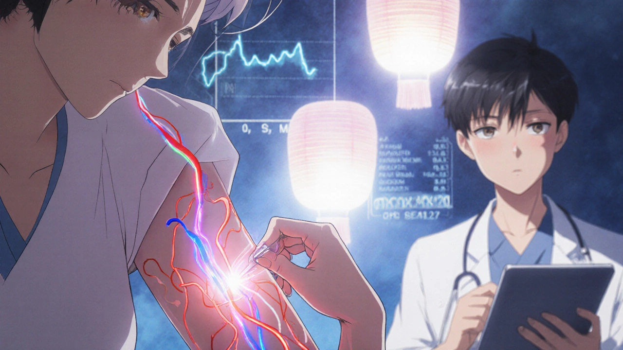 Nurse drawing blood for therapeutic drug monitoring as glowing drug concentration streams flow through the patient&#039;s vein.