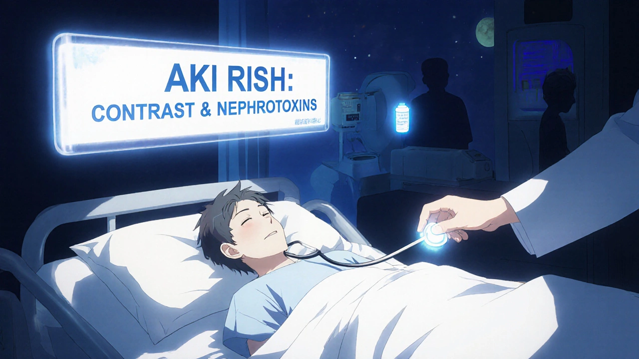 Patient in hospital bed with medical alert banner, shadowy nephrotoxins fading, nephrologist&#039;s hand nearby.