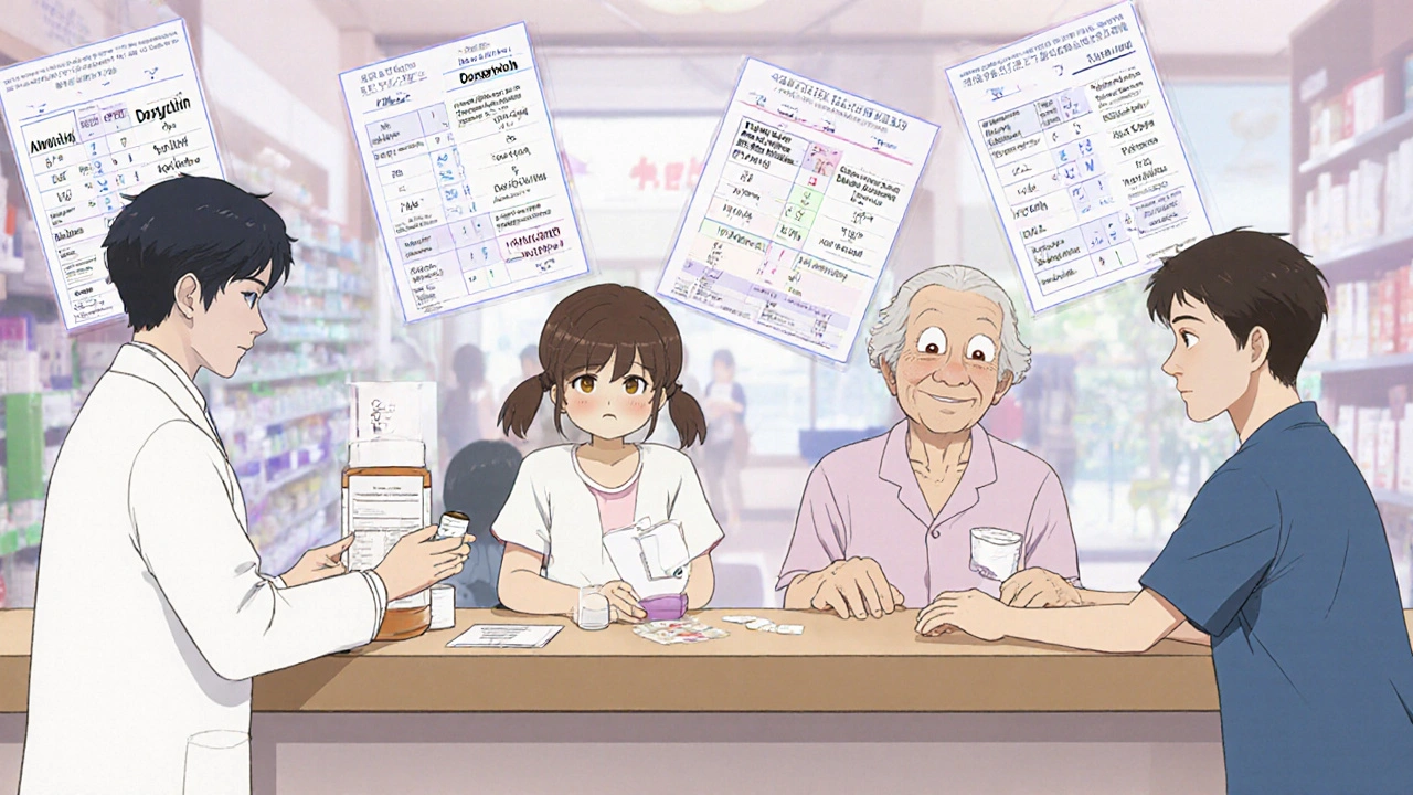 Pharmacist handing different antibiotics to diverse patients in a cozy pharmacy with comparison charts floating nearby.