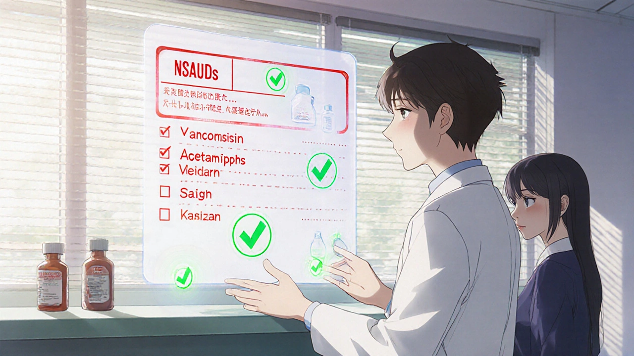 Pharmacist reviewing a holographic medication list with warning icons and safe alternatives.