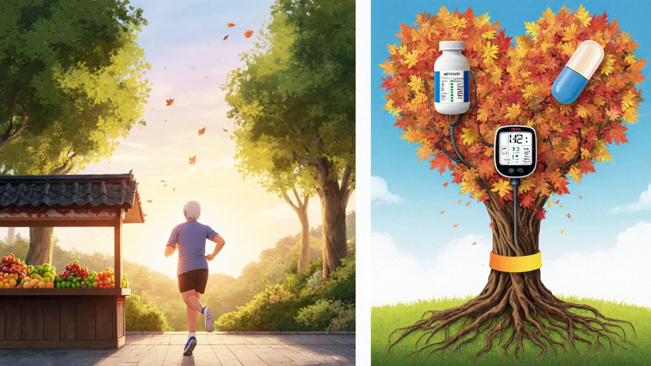 Senior walking in park with symbols of healthy lifestyle replacing aspirin as heart prevention.