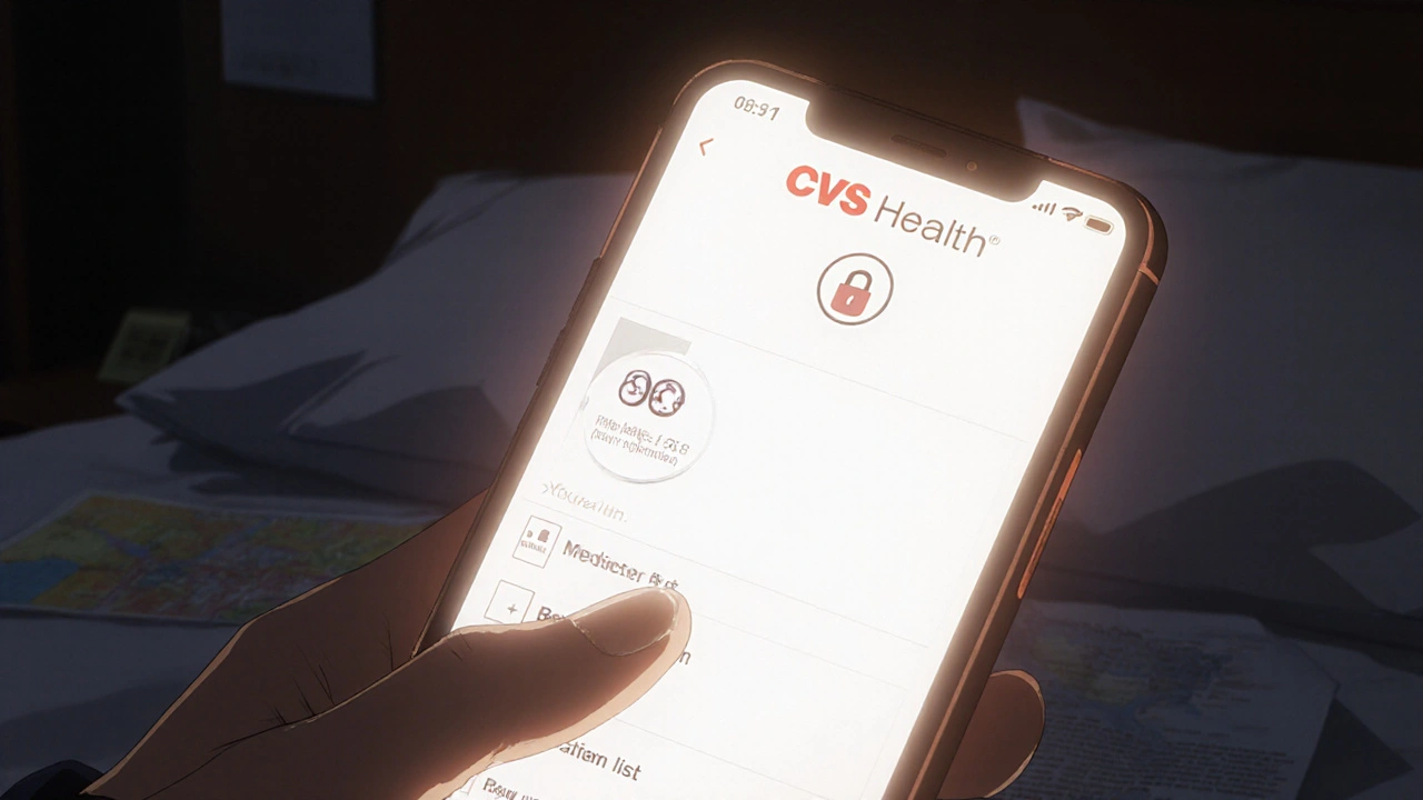 Smartphone showing encrypted pharmacy app in dim hotel room with doctor&#039;s letter visible