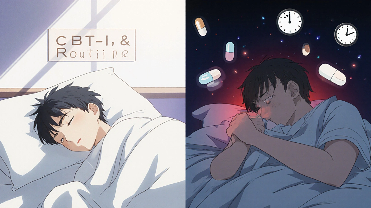 Split scene: peaceful sleep on one side, chaotic overdose fear on the other, contrasting safe and dangerous sleep habits.