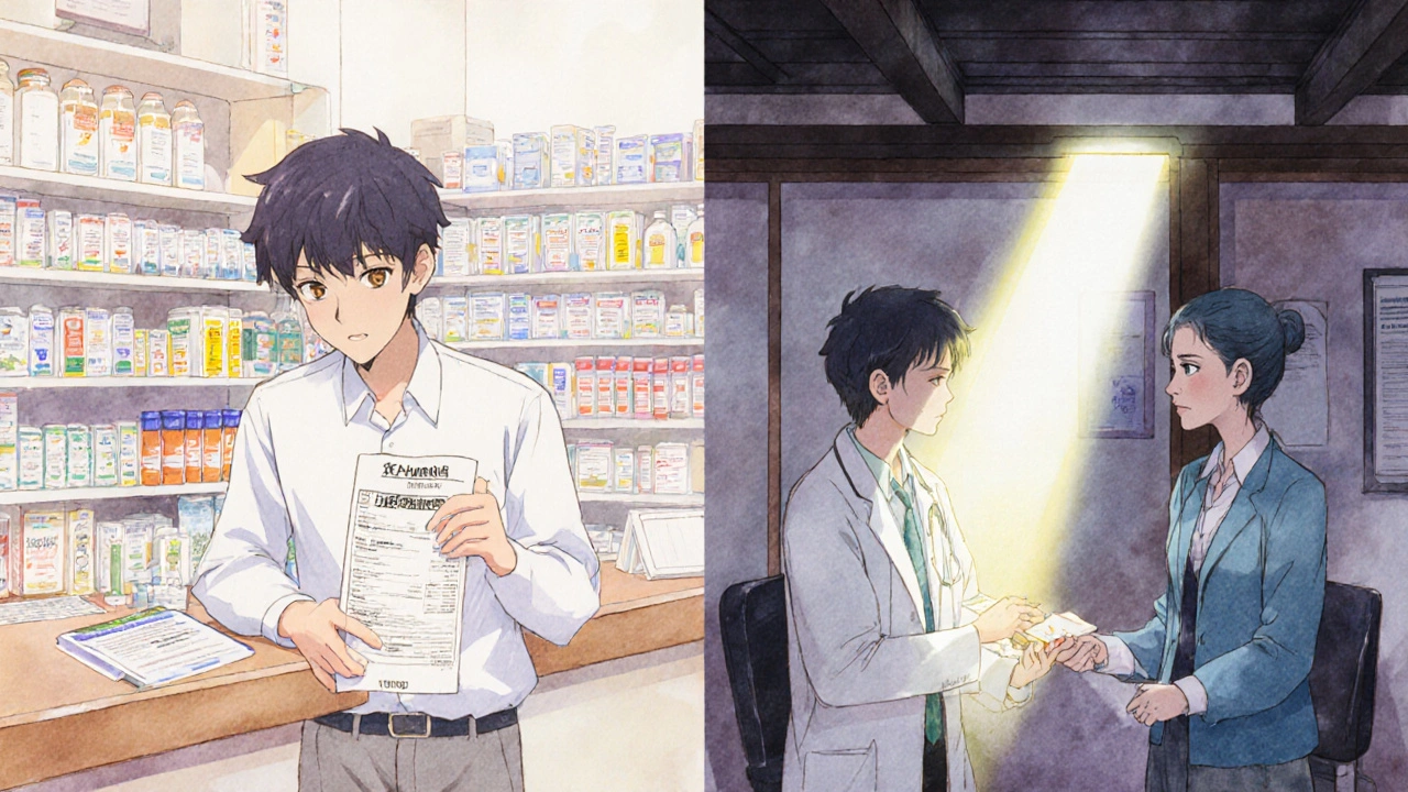 Split scene: person distressed at pharmacy vs. empowered during doctor visit, symbolizing informed healthcare choices.