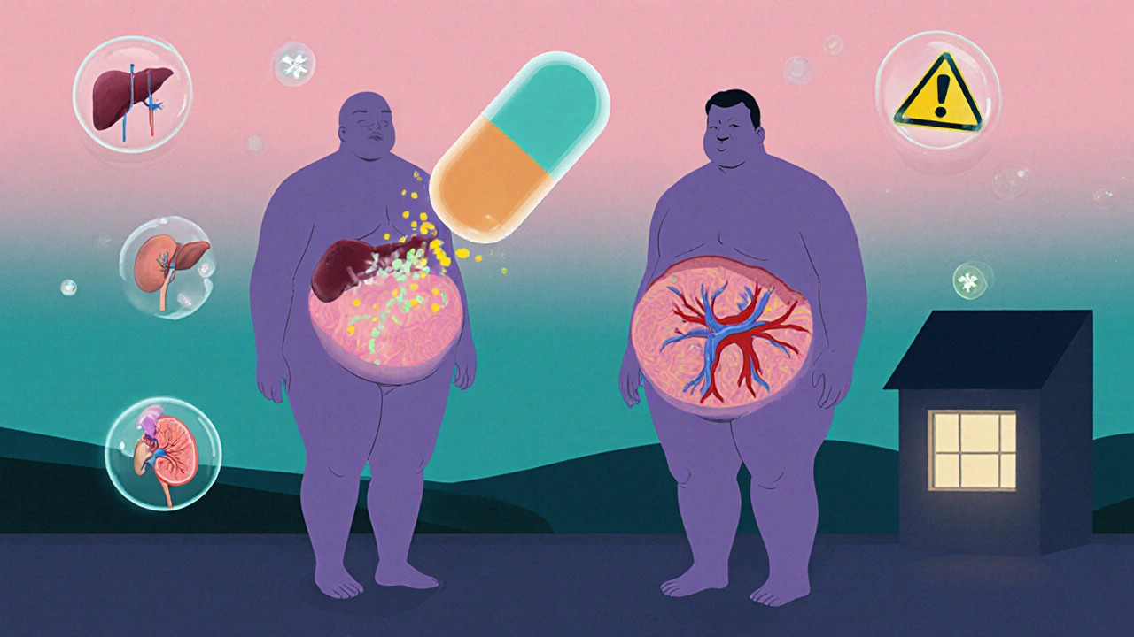 Surreal comparison of drug distribution in lean vs. obese bodies with glowing organs and warning icons in a twilight scene.