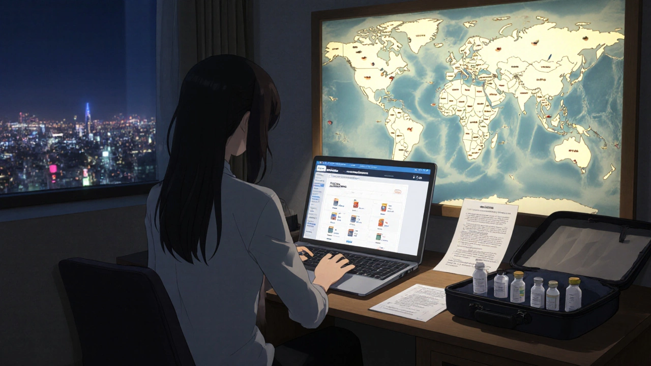 Traveler at a hotel desk reviewing medication information on a laptop, with a printed summary and packed suitcase nearby.