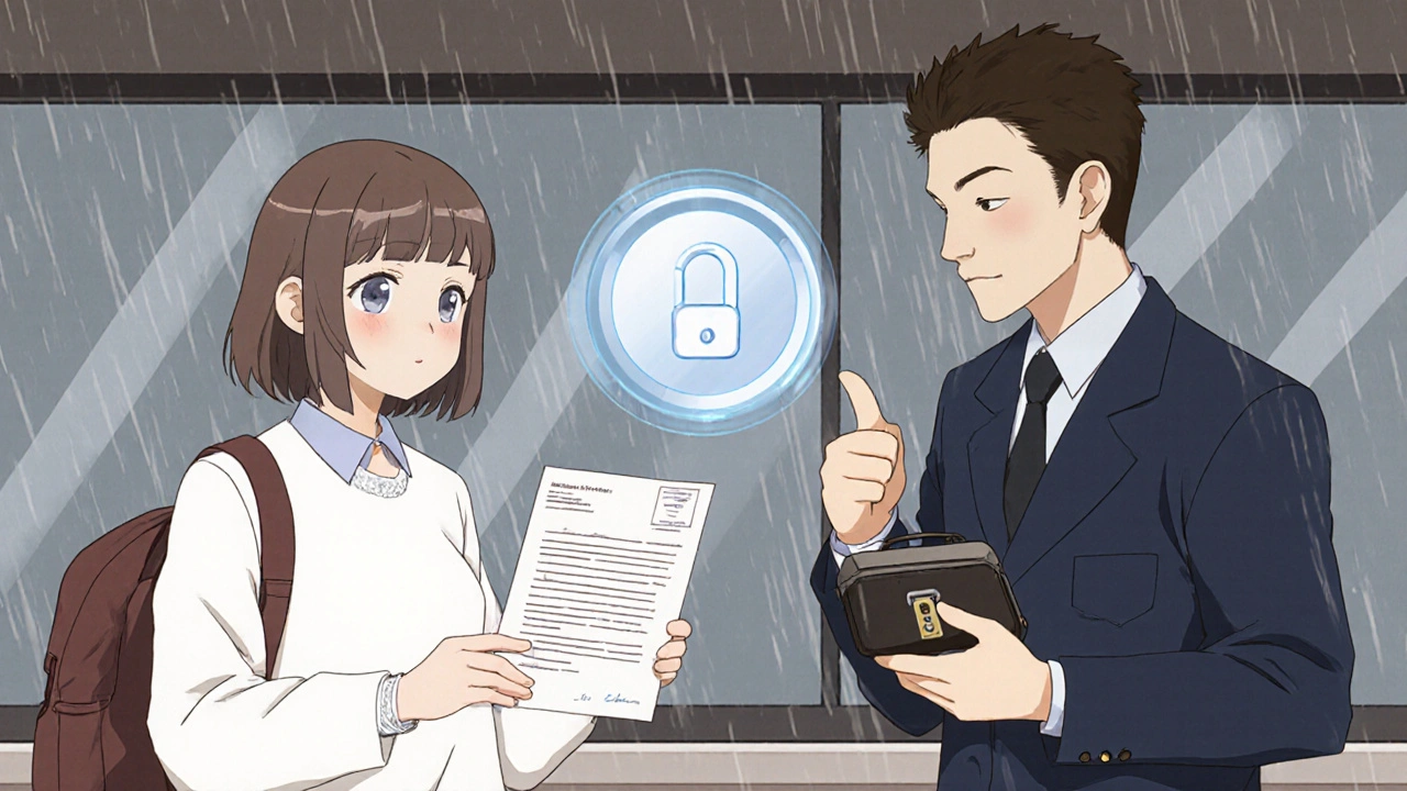 Traveler presenting doctor&#039;s note and secure case at international airport checkpoint