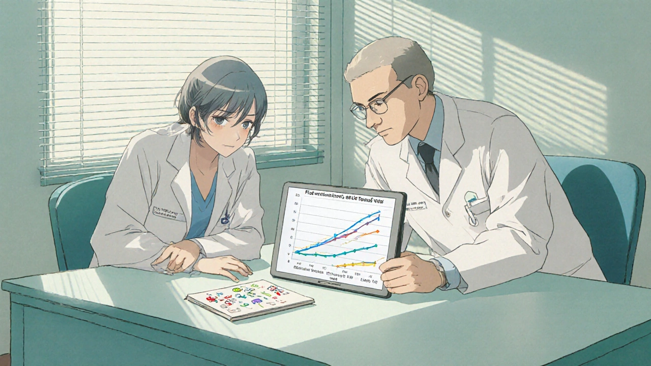 Two doctors review a tablet showing cancer recurrence data in a sunlit consultation room.