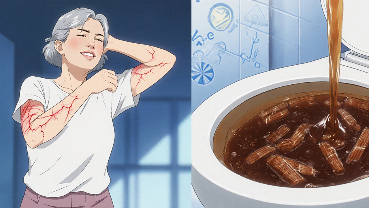 Woman experiencing muscle pain and dark urine, symbolizing statin-induced muscle breakdown.