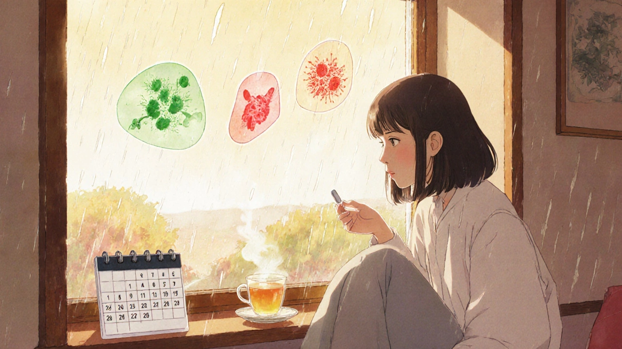 Woman holding a single-dose antibiotic pill by a rainy window, with floating icons representing gut bacteria.