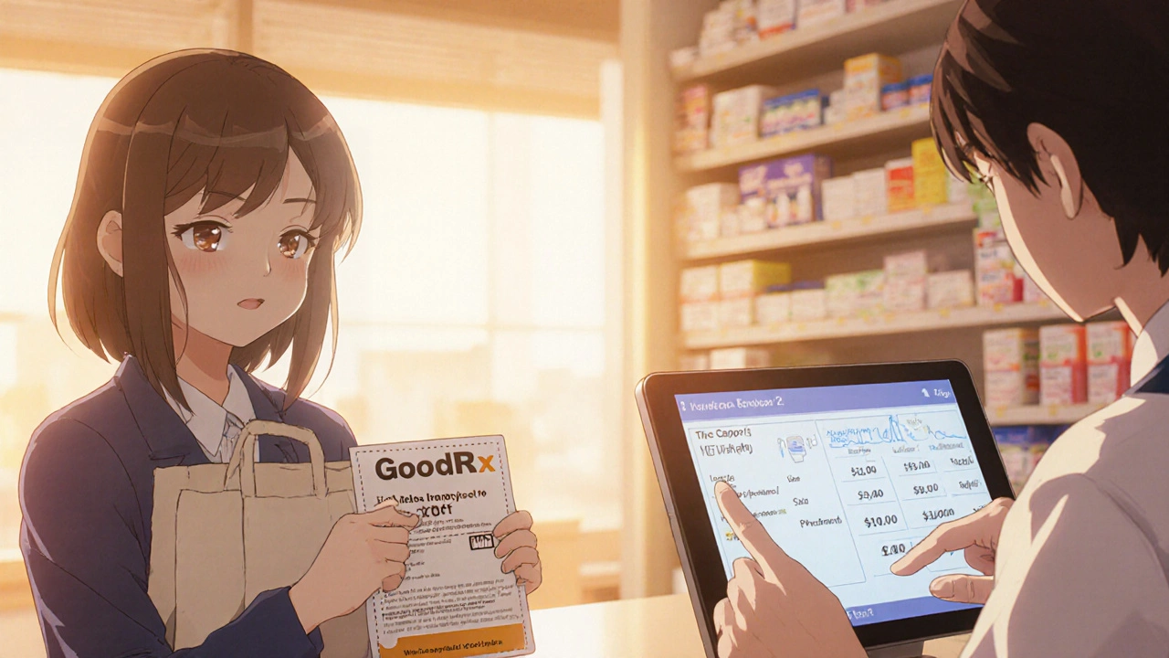 Woman receiving a prescription at the pharmacy with a GoodRx coupon, smiling as pharmacist explains savings.