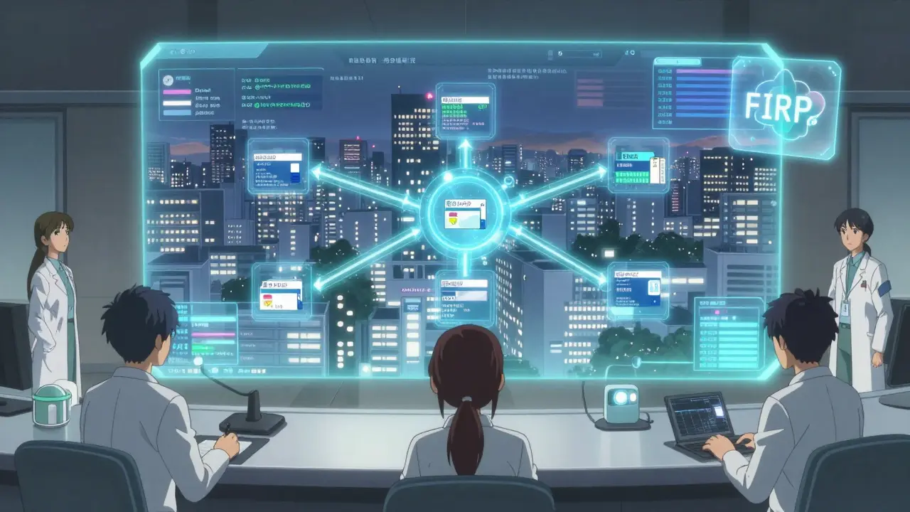 A control room with holographic pharmacy networks and AI alerts glowing softly in a calm, anime-style setting.