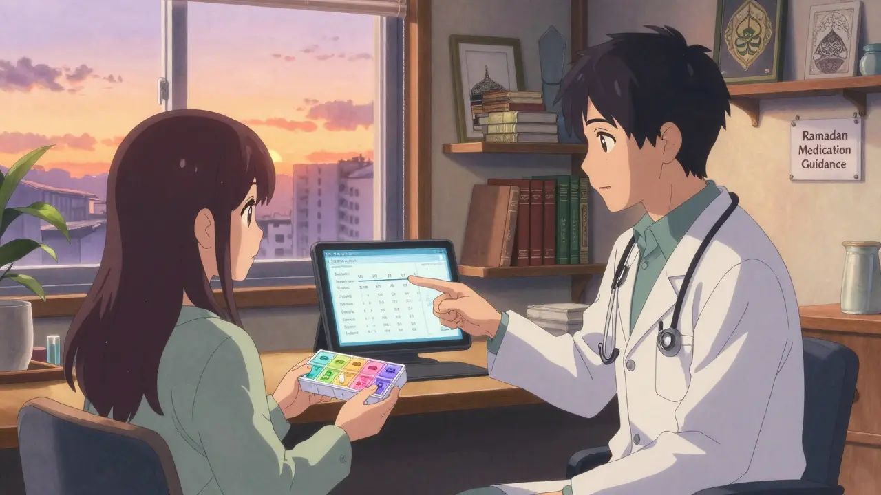 A doctor and patient reviewing a medication plan at sunset in a clinic, with a dosing timeline on screen.