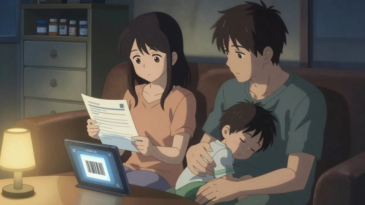 A family rests together with a Poison Control summary, child sleeping peacefully.