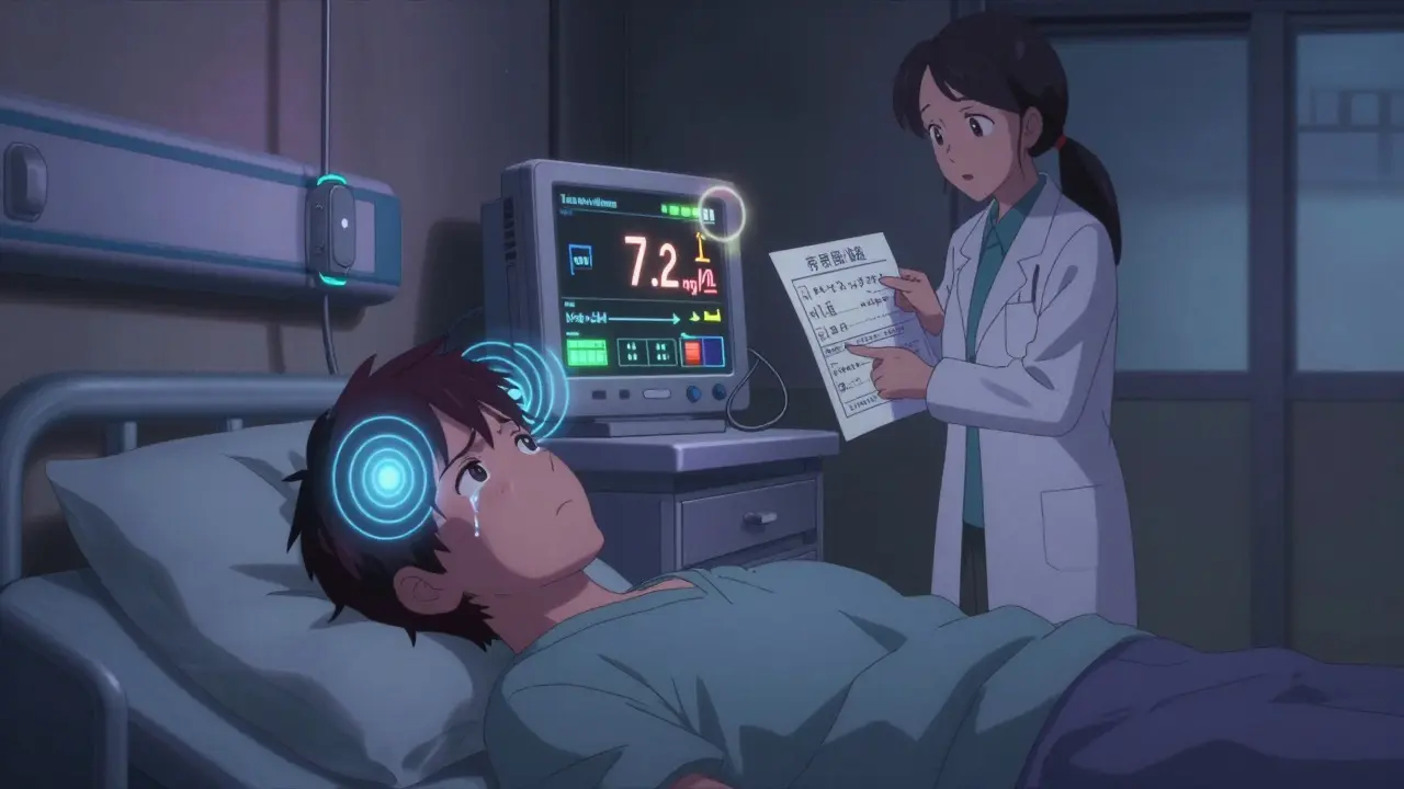 A patient lies awake at night with a pulsing headache, medical monitors showing normal tacrolimus levels but visible distress.