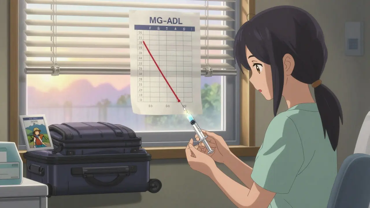 A patient receiving a subcutaneous injection in a sunlit hospital room, MG-ADL scores visible on a chart nearby.