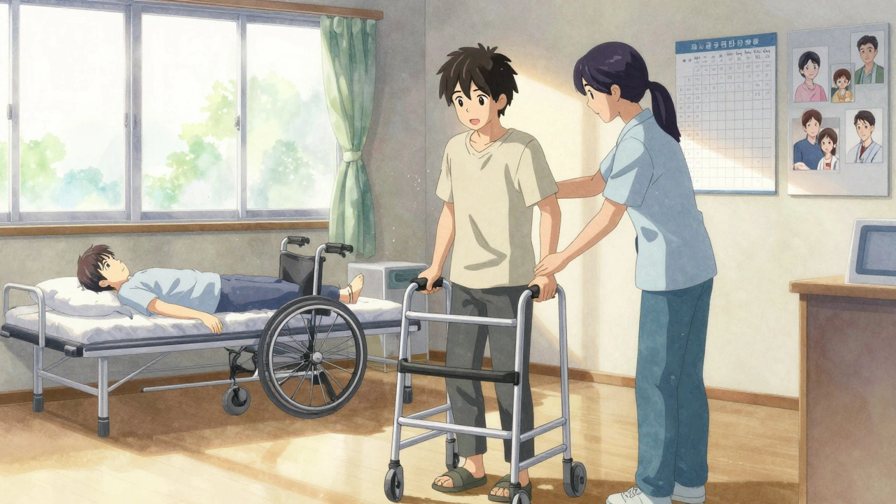 A patient standing with a walker in a sunlit rehab room, shadows of their past paralysis fading behind them.