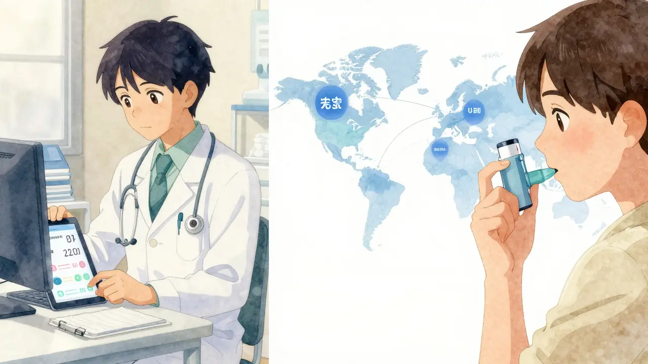 A patient uses a smart inhaler as global innovation hubs connect on a map.