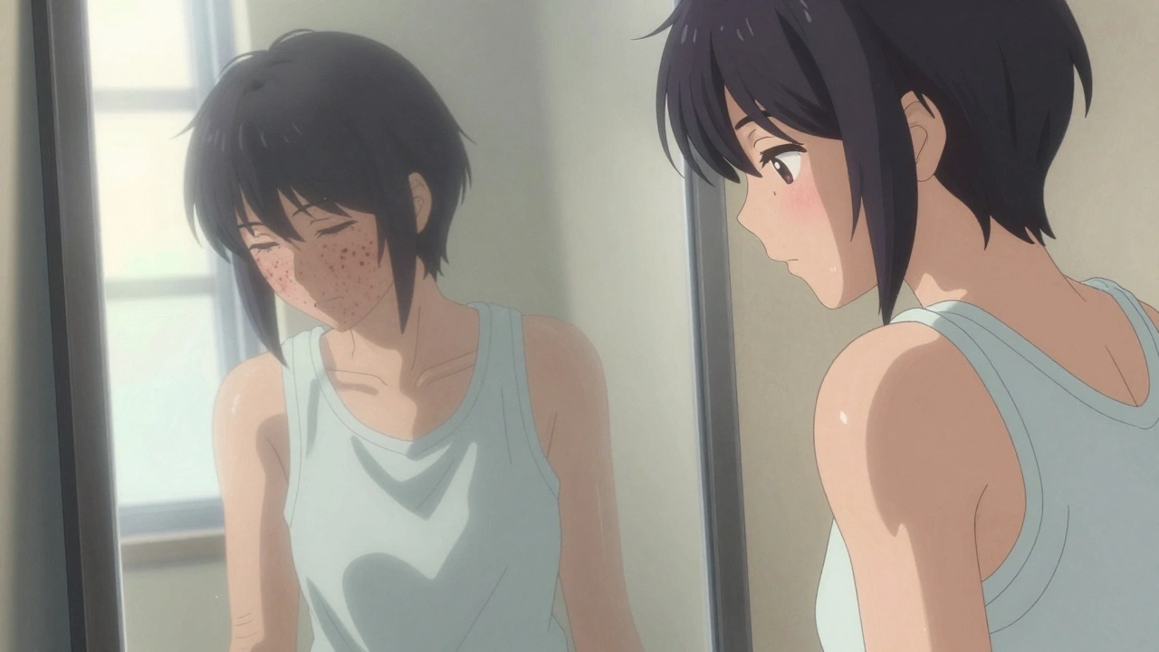 A person standing before a mirror, skin clear and glowing, with faded echoes of their past acne-ridden self behind them.