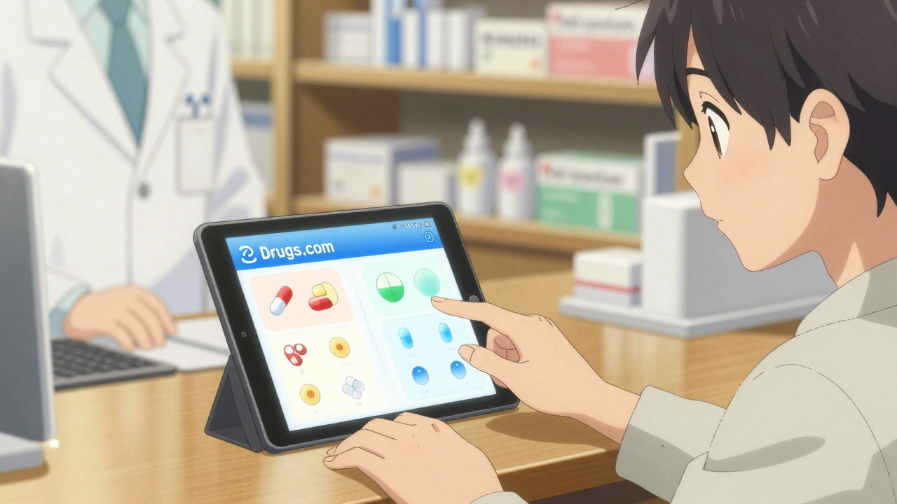 A pharmacist and patient examine a tablet showing a pill identification tool with matching drug images.