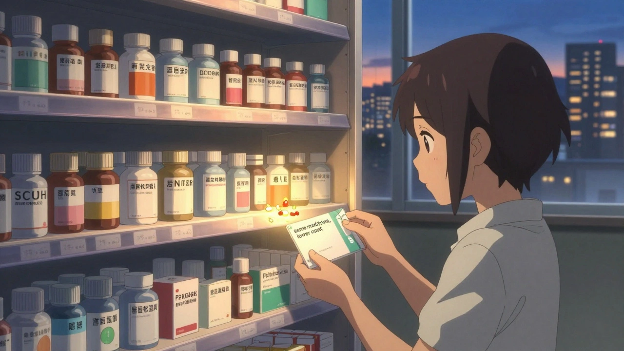 A pharmacy shelf with generic and brand-name pills, glowing softly as a patient holds a prescription.