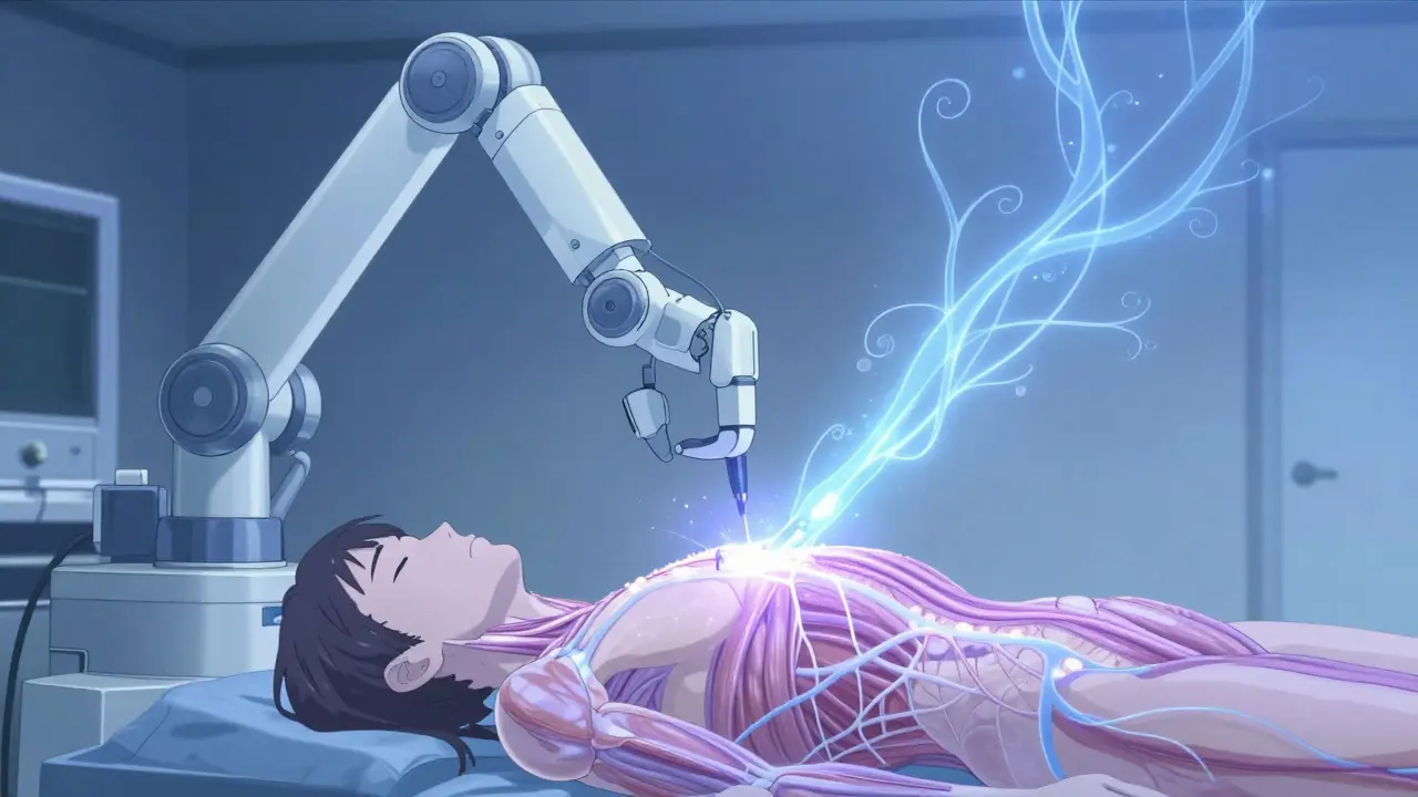 A robotic surgery scene with glowing nerve-muscle connections regenerating in the background during a thymectomy.