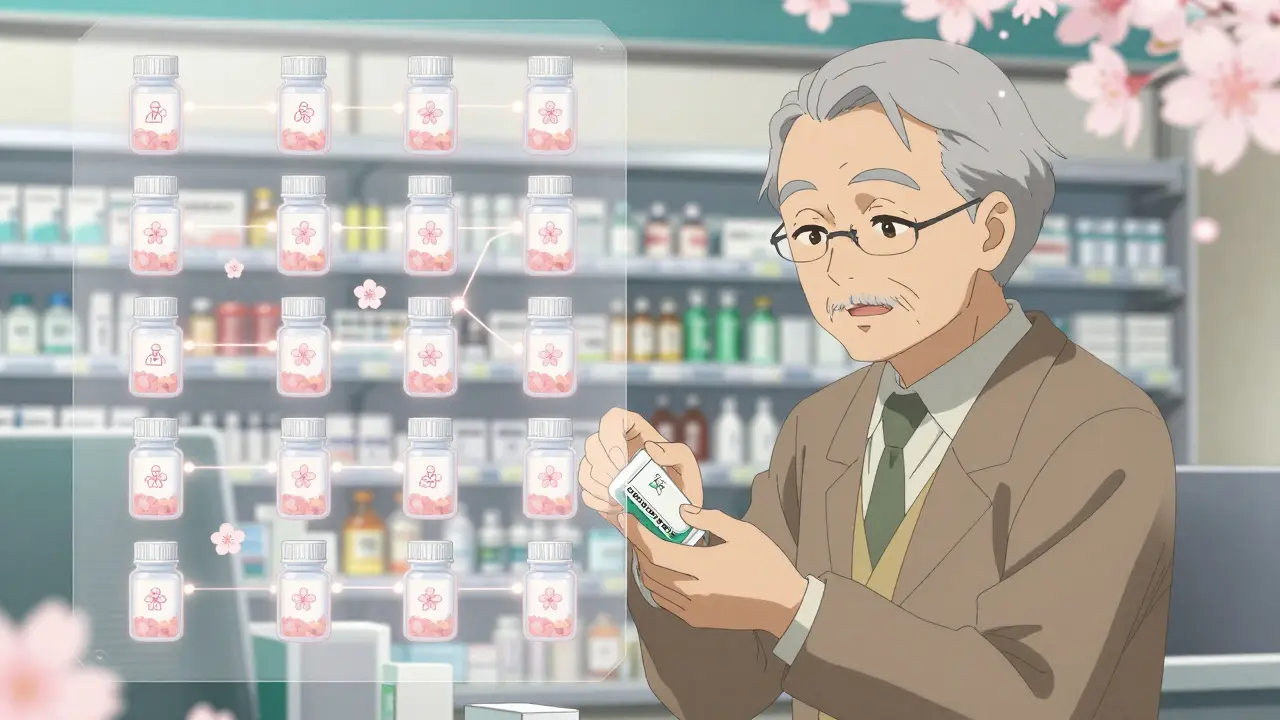 A senior picking up a prescription with a transparent overlay of their full medication history connected by light threads.