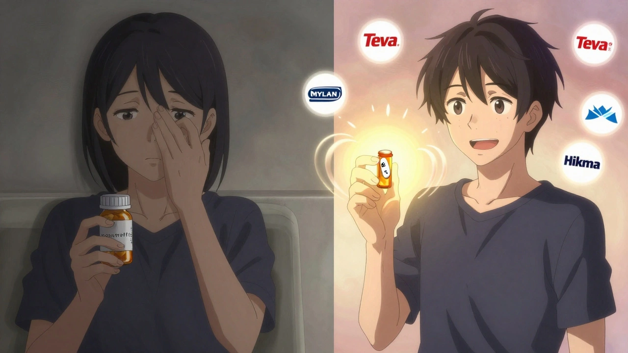 A split scene: one side shows a suspicious pill, the other shows the correct generic pill with manufacturer logos floating nearby.