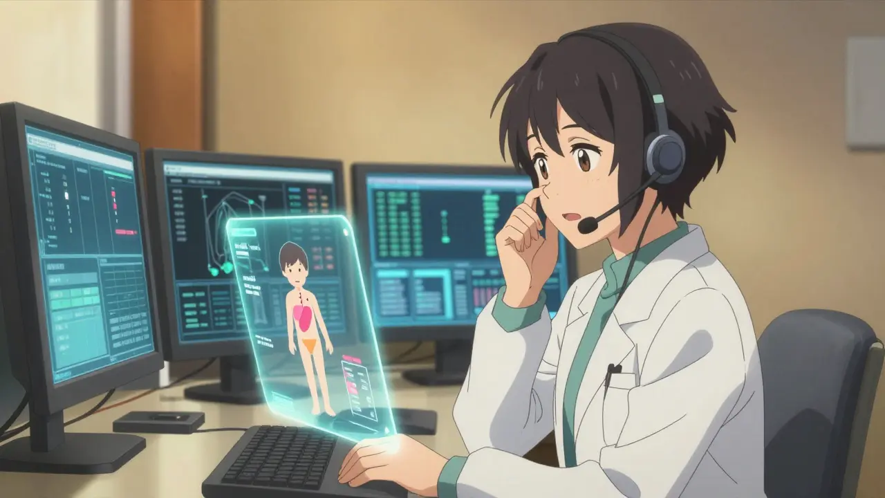 A toxicology specialist monitors digital patient data in a calm control room.