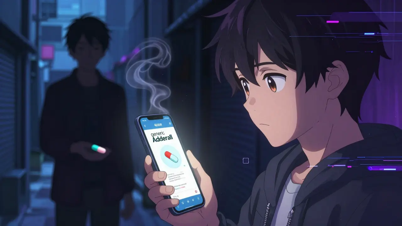 A young person viewing a fake drug ad on their phone, with a shadowy figure offering counterfeit pills.