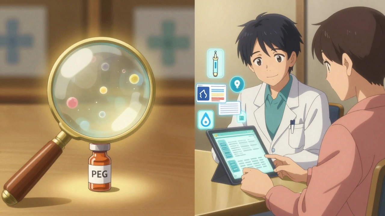 An allergist reviewing vaccine safety data with glowing icons of epinephrine and VAERS reports.