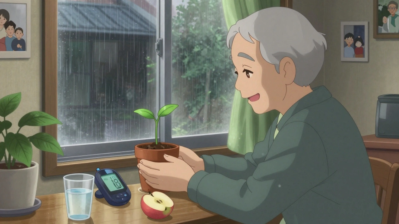 An elderly person placing a plant by a window with a glucose monitor glowing softly on the table.