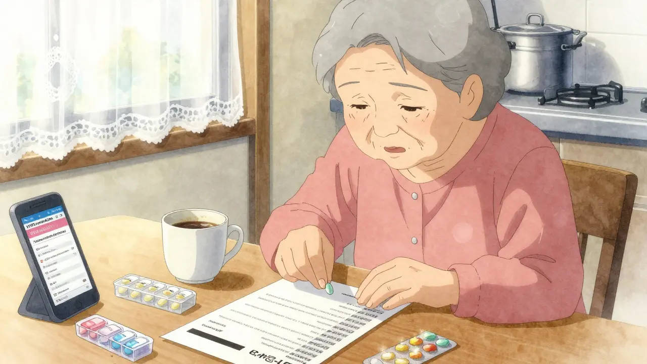 An elderly woman examining a pill at her kitchen table with a medication list and phone nearby.
