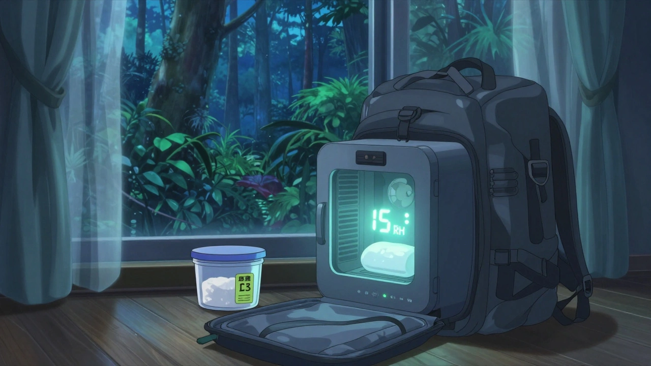 Backpack open showing portable dry cabinet and DIY storage container in cool bedroom.