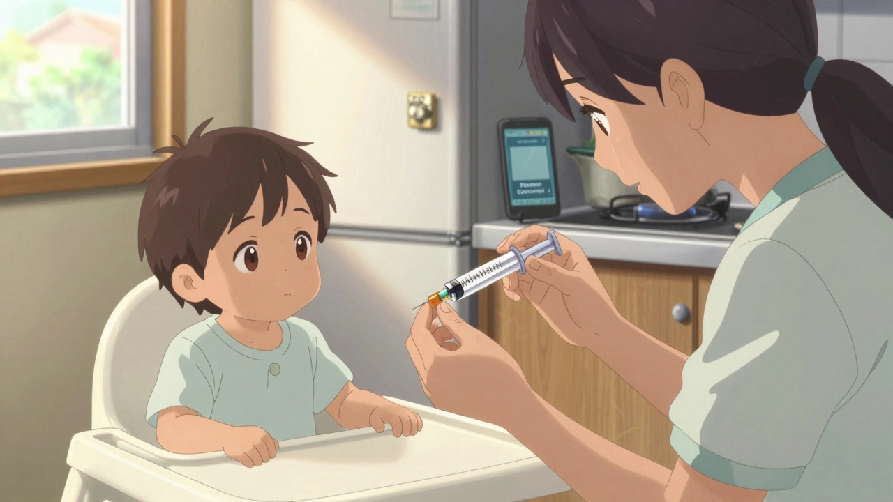 Caregiver accurately measuring medicine with syringe in kitchen