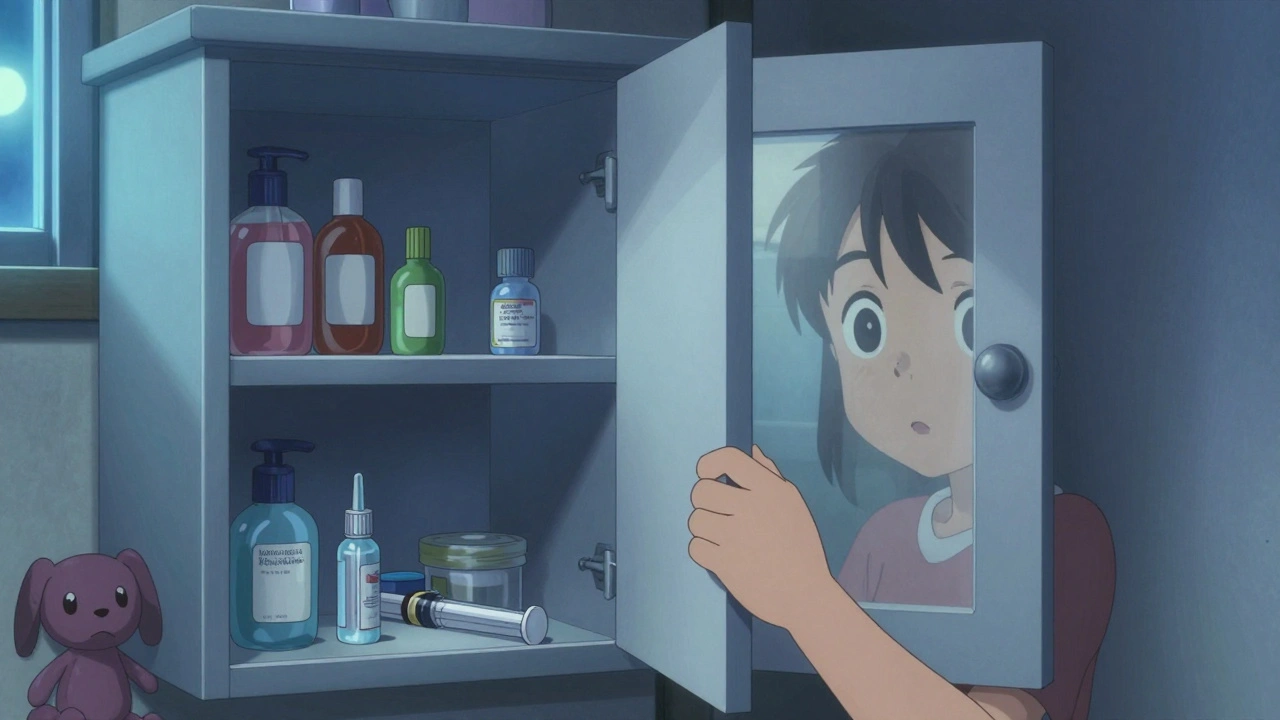 Child opening an unlocked medicine cabinet at night