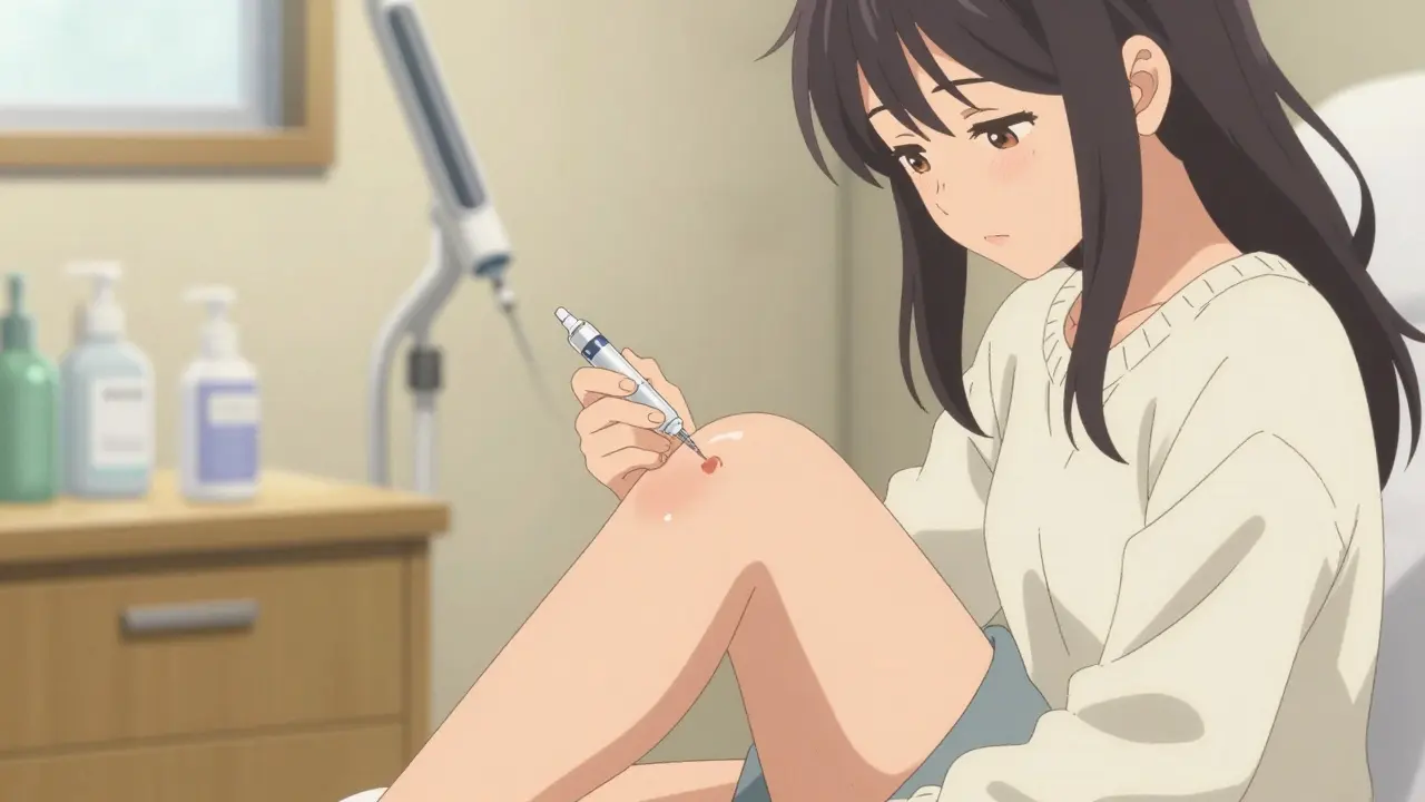 Close-up of a knee receiving an injection in a calm clinic, soft lighting and gentle details.