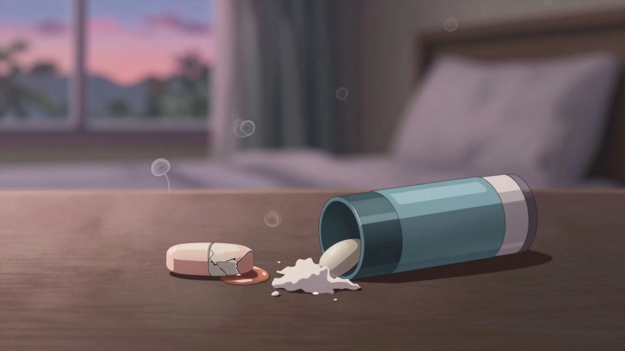 Cracked tablet and clumped inhaler powder with faint fungal spores in humid air.