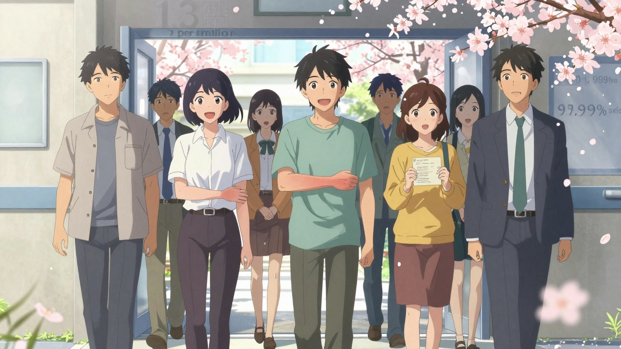 Diverse people leaving a clinic smiling, with faint safety statistics fading like cherry blossoms.