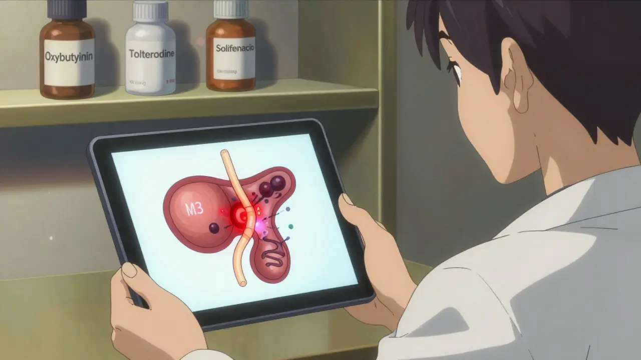 Doctor explaining bladder receptor blockage with animated medical model and pill bottles in shadow.