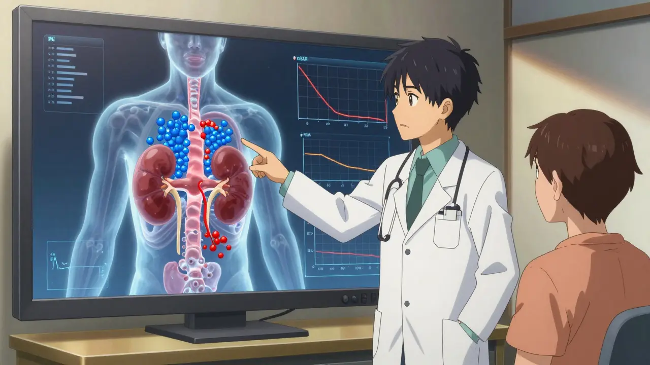Doctor showing kidney damage from lithium and NSAIDs on a transparent body model.