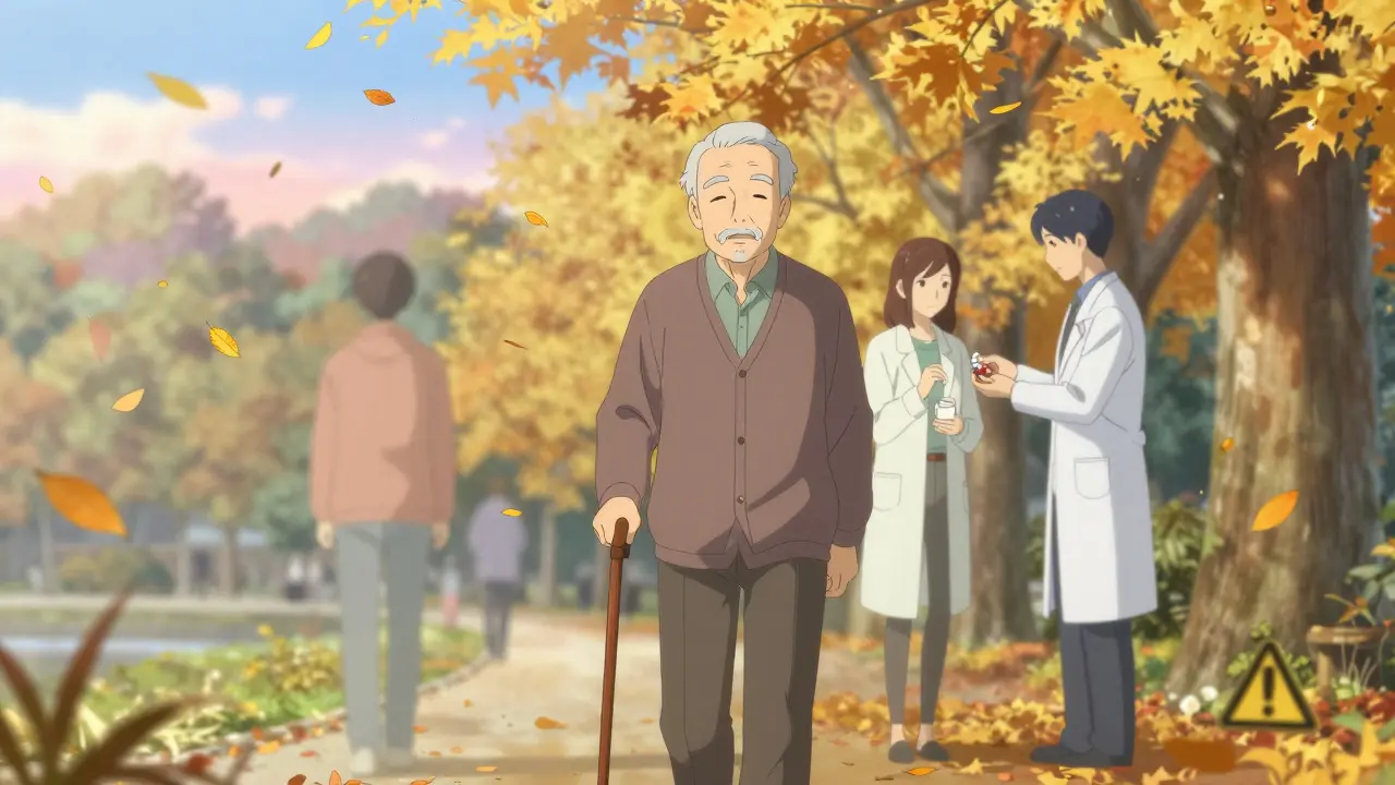 Elderly man walking in autumn park with ghostly medical warnings behind him.