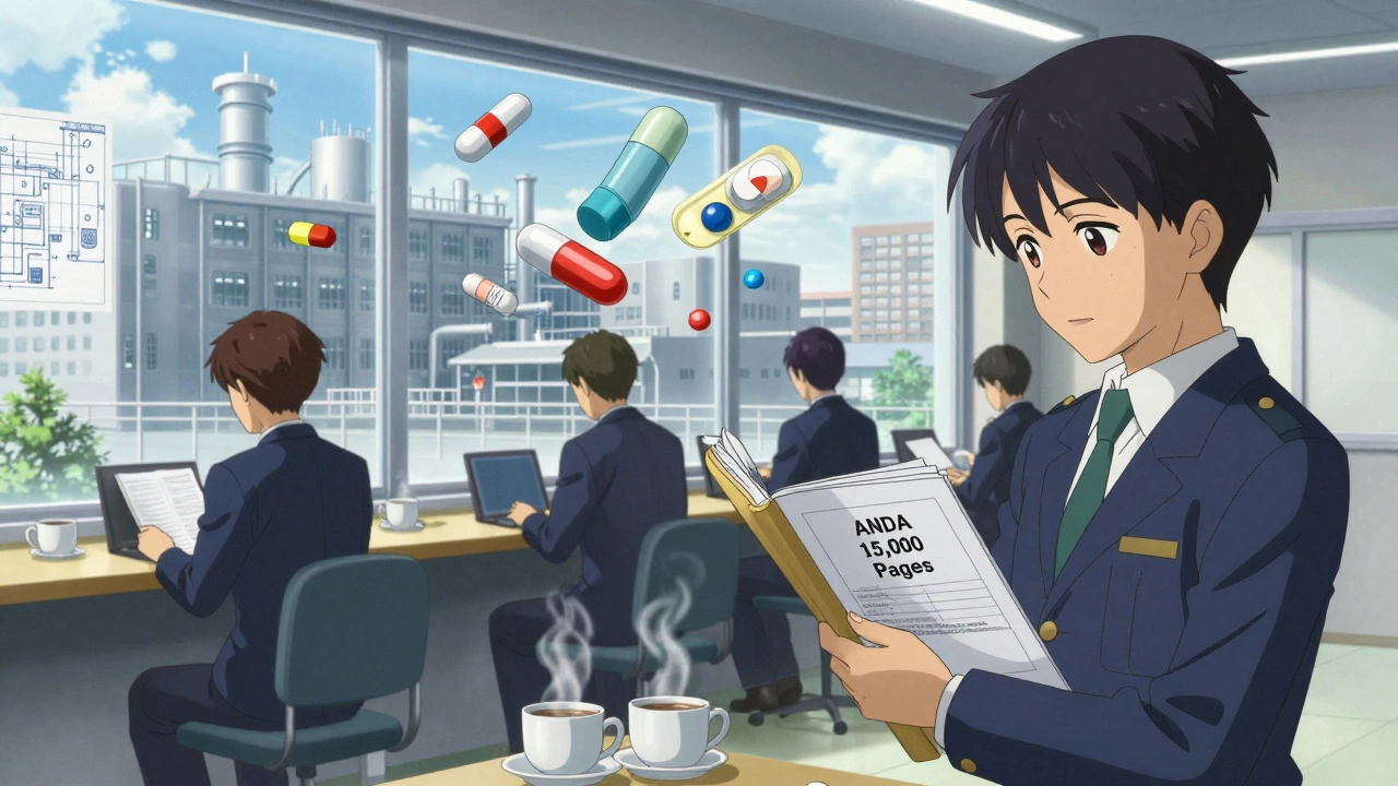 FDA inspectors reviewing drug applications beside floating 3D models of generic medications.