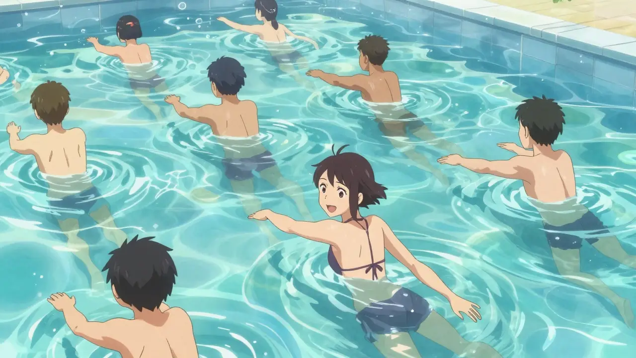 Group of people doing water aerobics in a sunlit pool, bubbles and rippling water around them.